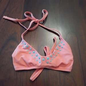 NWT Aerie Women's Baby Pink Blue Dot Accents Scoop Bikini Top UPF 50